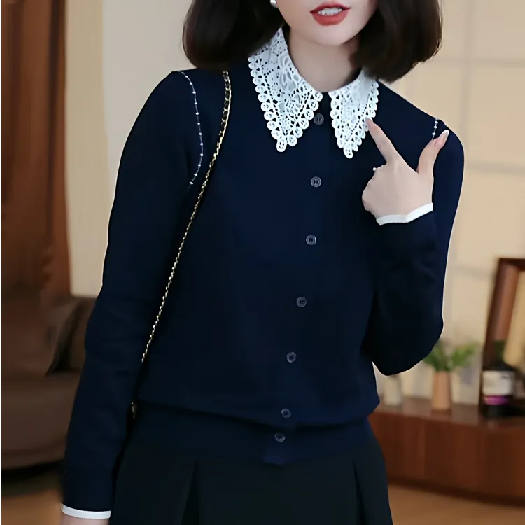 2025秋冬新款撞色百搭长袖女装气质蕾丝领撞色假两件开衫毛衣上衣