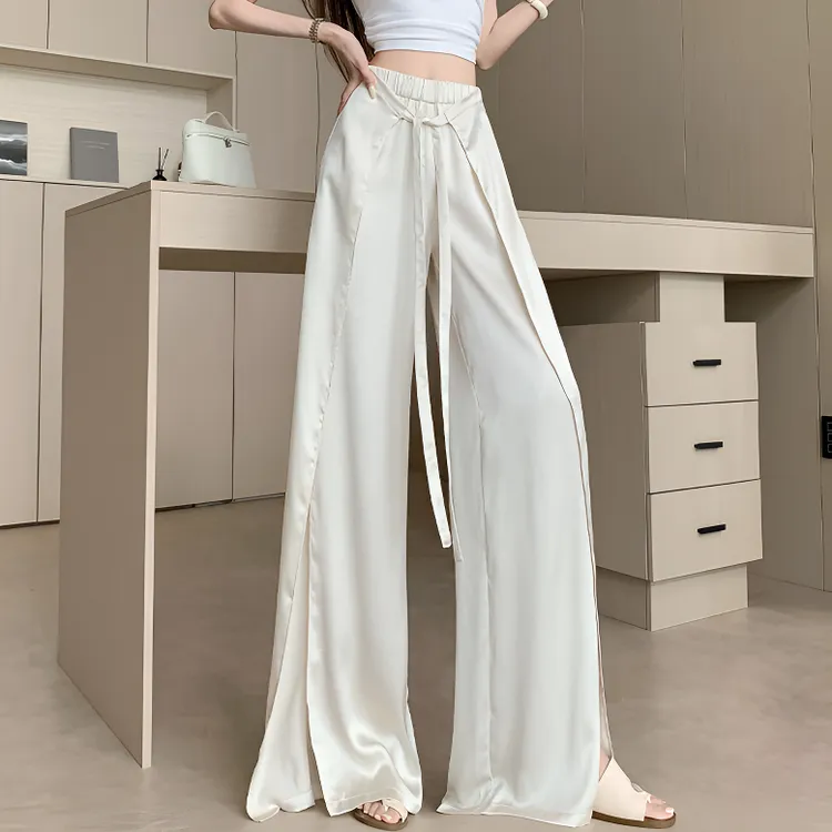 慵懒松弛感高腰阔腿裤女夏季时尚百搭肌理缎面垂感开叉休闲拖地裤