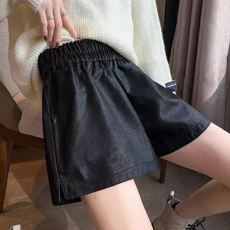 冬季2025新款皮短裤女高腰宽显瘦松休闲裤咖色外穿春冬款a字pu皮
