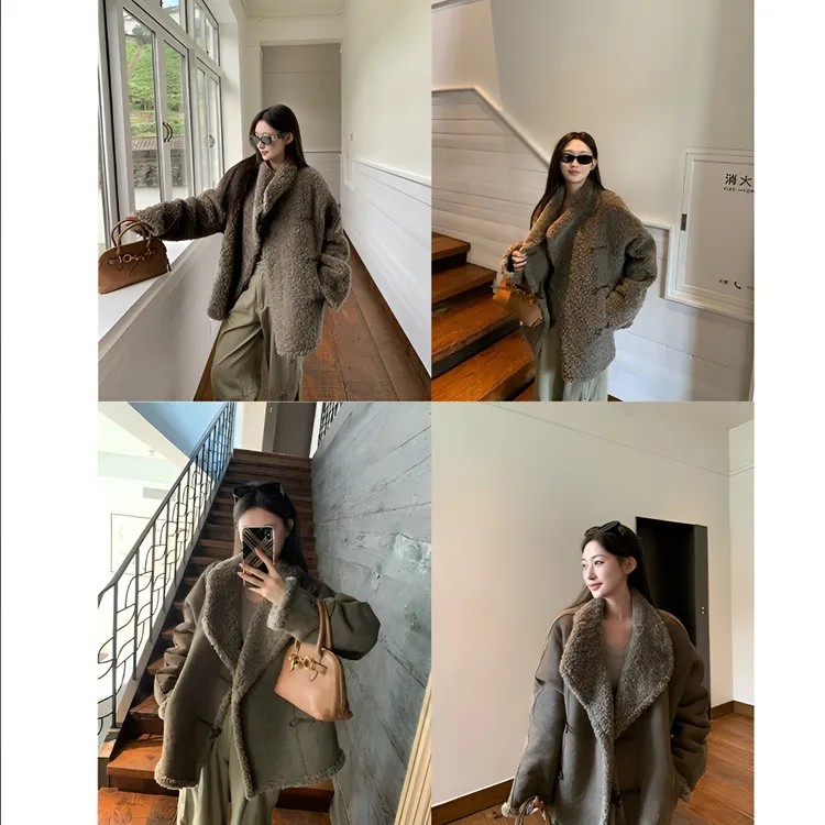 2025新款爆款超好看灰色皮毛一体加厚摇粒绒羊羔毛外套女款冬季