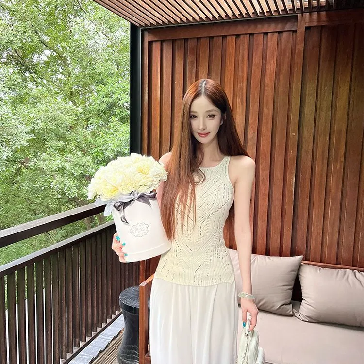 名媛风高级感针织无袖背心百搭春秋肌理感显瘦修身气质无袖上衣女