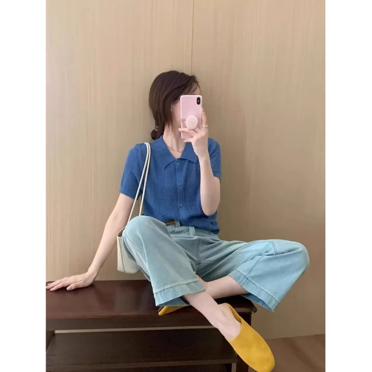 芯娇晴法式复古polo领蓝色针织短袖t恤女2025新款夏季多巴胺上衣