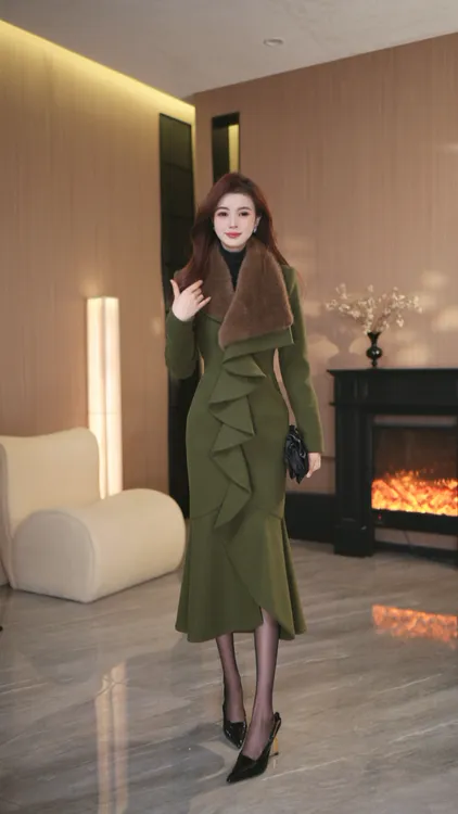 罗曼定制  原创设计毛呢大衣风衣赫本风中长款厚款连衣裙收腰冬