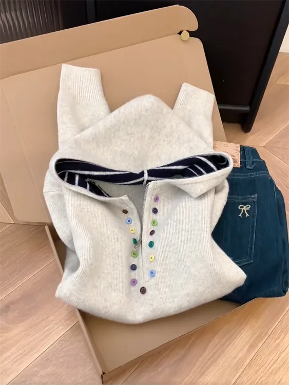 韩系慵懒风连帽半拉链针织上衣女2025秋冬季新款百搭宽松减龄毛衣