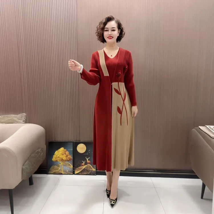 90130坠地裙中腰V领常规长袖长裙礼服褶皱洋气轻奢假二件连衣裙