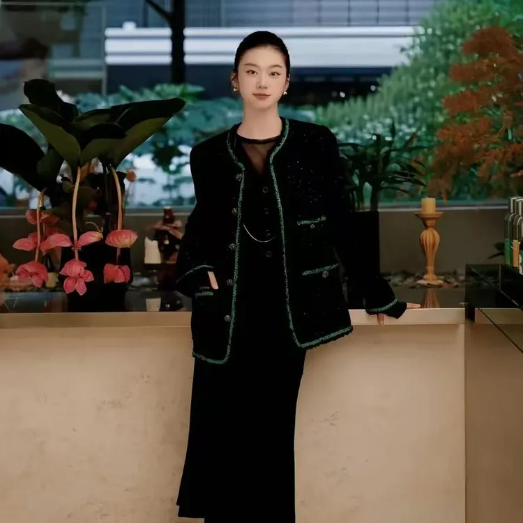 GIRDEAR/哥弟小香风撞色轻奢粗花呢显瘦中长廓形外套1400660