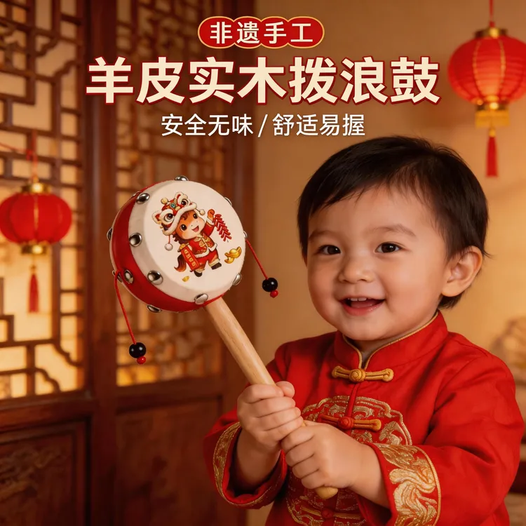 羊皮拨浪鼓婴儿玩具新生儿安抚玩具原木手柄抓握训练满月百天礼物商品图