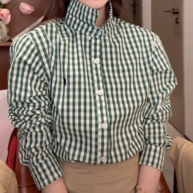 设计感绿色格纹宽松长袖翻领衬衫女2025春季新款气质休闲百搭衬衣