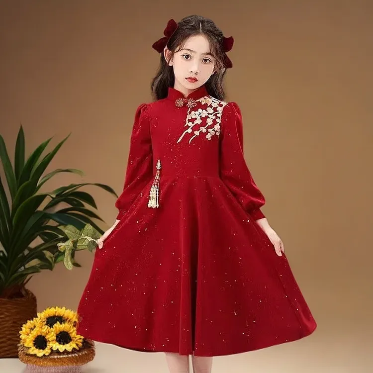 中小学生新款气质中国风连衣裙女童2025红色拜年服过年套装裙子