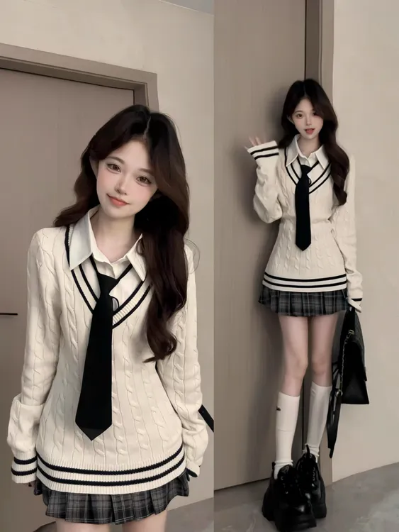 韩系穿搭假两件针织衫学院风衬衫领拼接毛衣巨好看的早秋上衣女