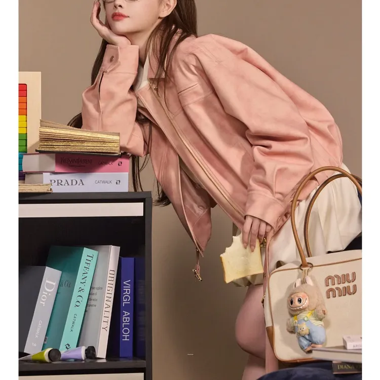 吞吞穿搭日记【泡泡皮衣 粉色】柔软奶皮 宽松廓形短款甜酷皮衣