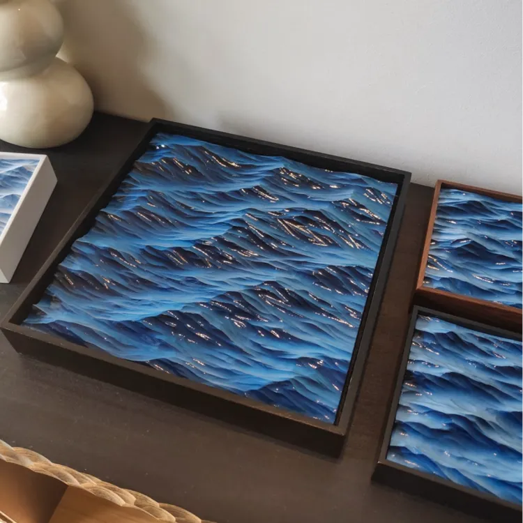 海浪挂画手工上色小方海装饰画边柜书架桌面装饰