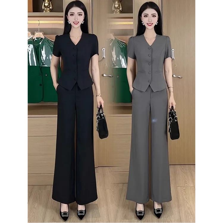 时尚气质套装女2025夏季新款洋气显瘦短袖上衣阔腿裤高级感两件套