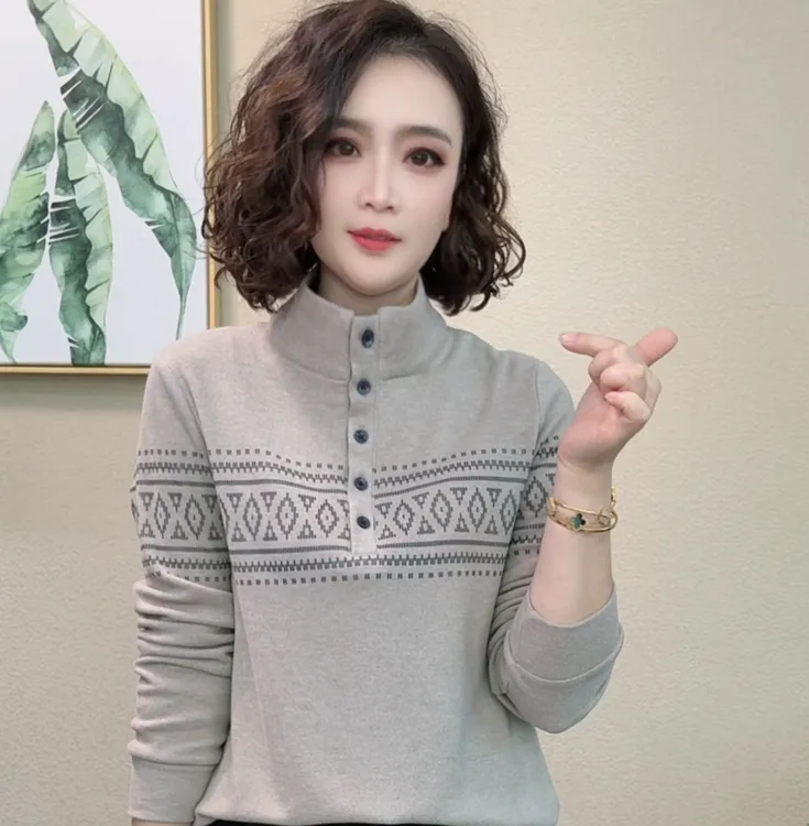 2025冬季新款气质时尚洋气百搭纽扣款半高领长袖T恤上衣#80014