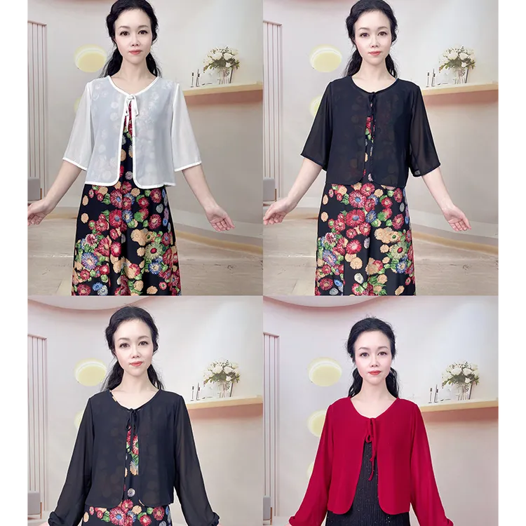 夏季新款女时尚新中式纯色七分袖空调衫小外披夏装系带防晒衣2558