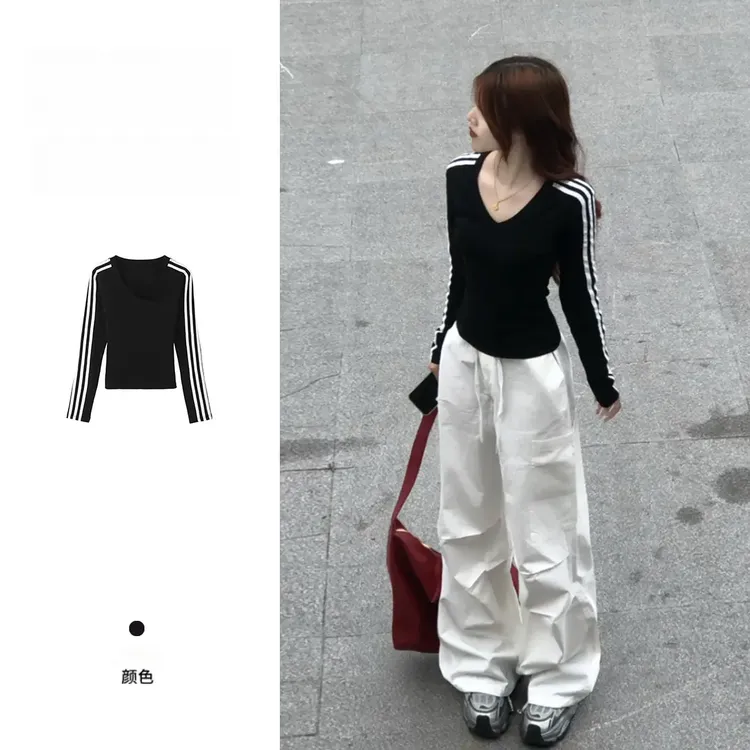 美式时尚修身显瘦三杠长袖t恤女秋冬新款ins风设计感V领上衣洋气