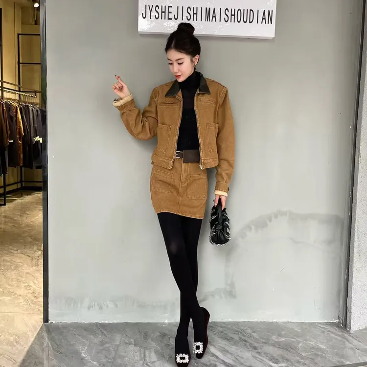【俊英】美式复古牛仔套装裙2025秋冬新款小众翻领外套短裙两件套女