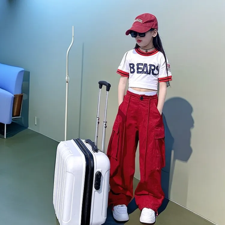 女童工装裤夏季新款中大童休闲裤宽松运动松紧腰长裤子