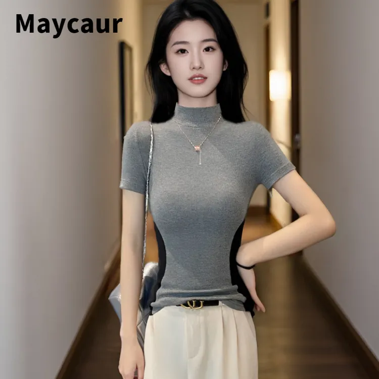 Maycaur春夏百搭灰色螺纹半高领拼色短袖T恤女修身显瘦打底衫女潮
