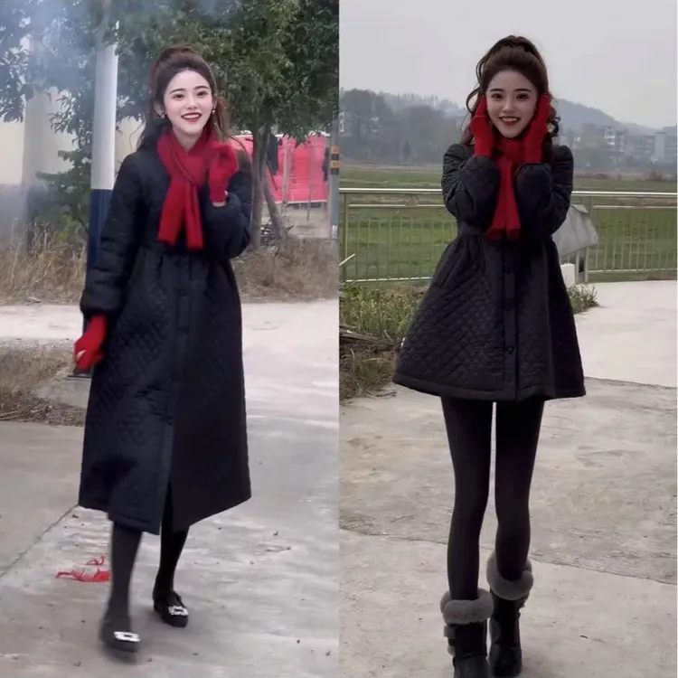 时尚气质小个子韩版绗缝夹棉蓬蓬菱格黑色加厚保暖潮服外套棉服
