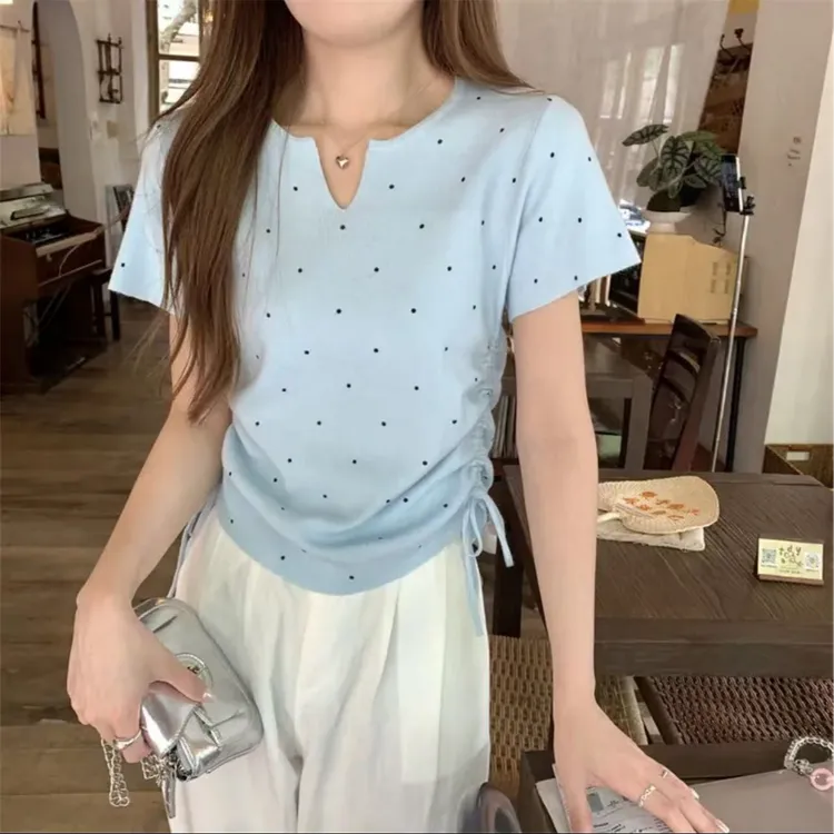 小众设计感波点半开领针织短袖夏季大码抽绳高级感遮肉上衣G610