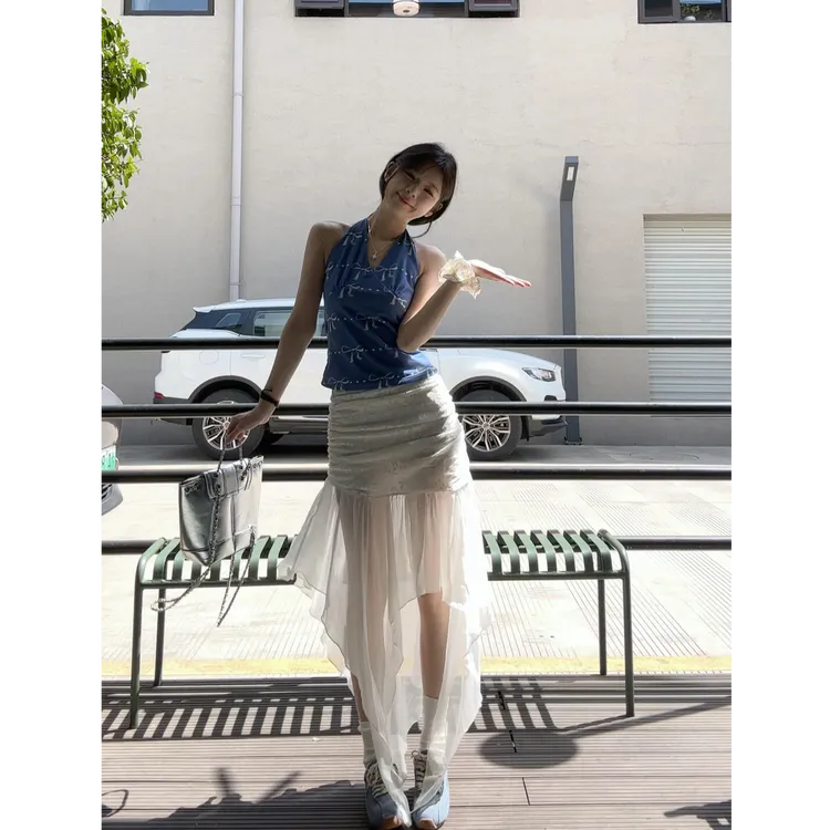 2025夏季新款韩系穿搭印花坎肩挂脖上衣搭高腰显瘦半身裙两件套女