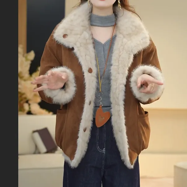 年轻妈妈双面穿皮毛一体外套女短款毛毛大衣加绒加厚保暖显瘦上衣