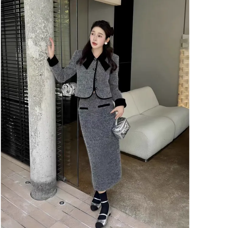 名媛风小香风套装女冬季蝴蝶结毛呢短外套半身裙高级感两件套