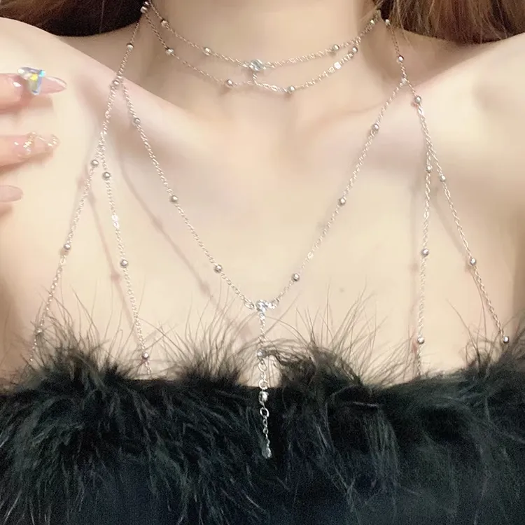 铜合金项链 甜酷辣妹性感胸链女轻奢气质身体链项链立体颈链配饰