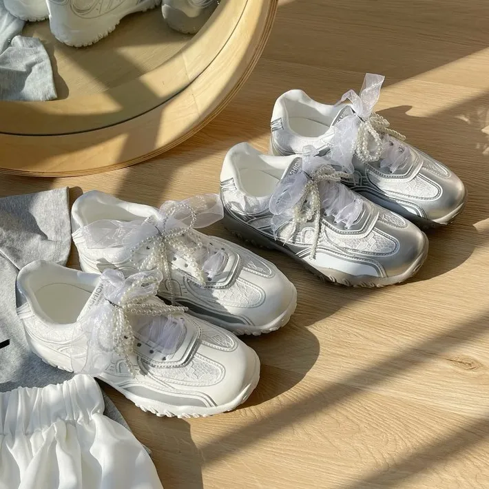 XGXC蕾丝珍珠甜美芭蕾阿甘德训鞋内增高厚底运动休闲女鞋 XG9852