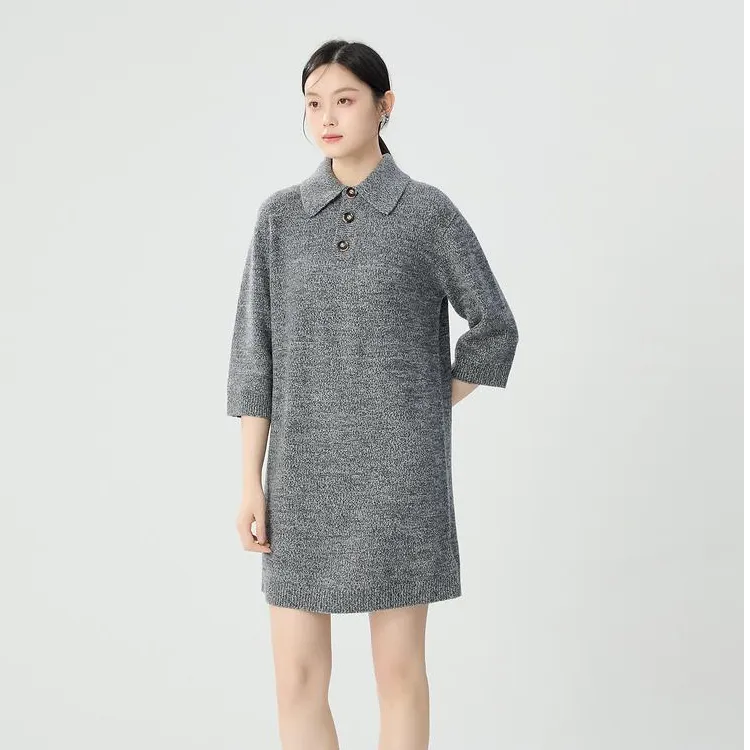 哥弟裙子秋冬款时尚翻领宽松中袖灰色廓形羊毛针织裙子1599030