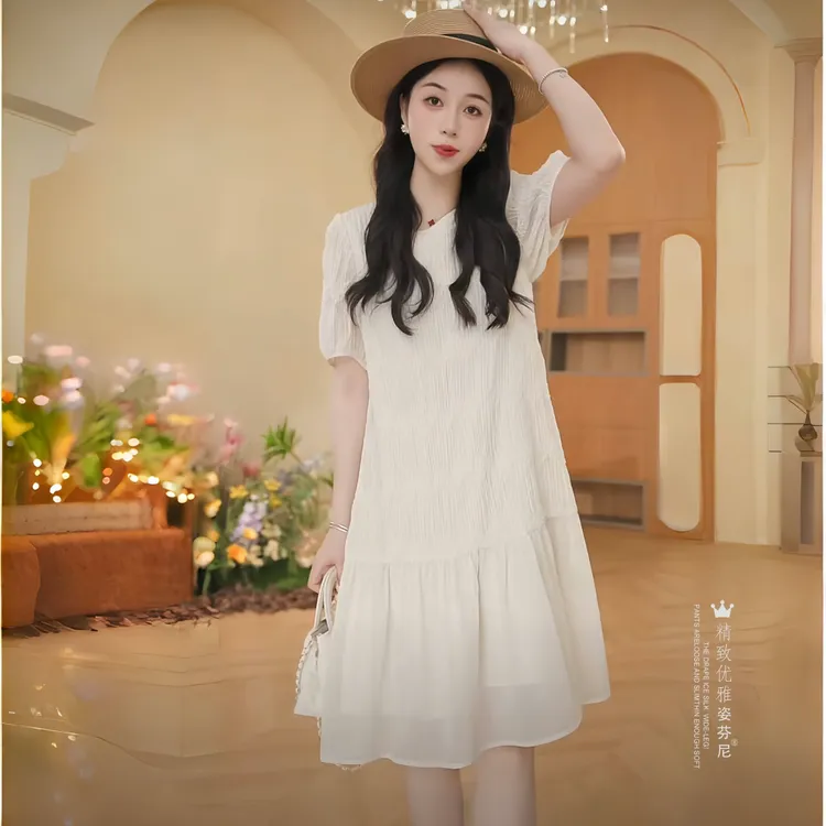 时尚短袖连衣裙女夏季新款洋气宽松遮肚子A字裙气质小个子中长裙