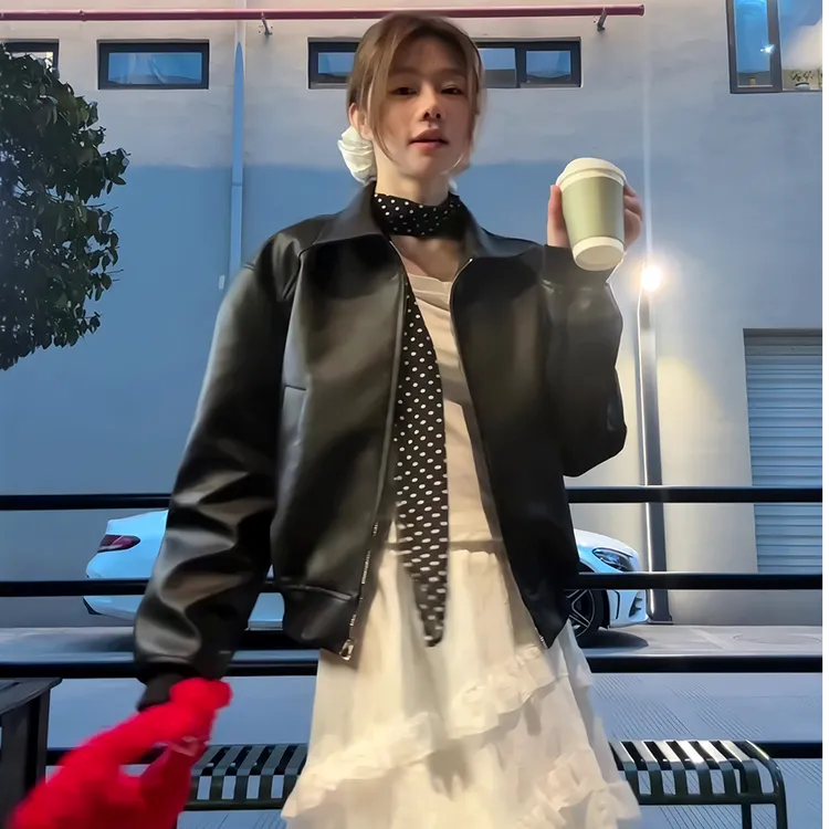 黑色机车皮衣女外套春秋新款复古气质酷飒风美式短款机车皮夹克潮
