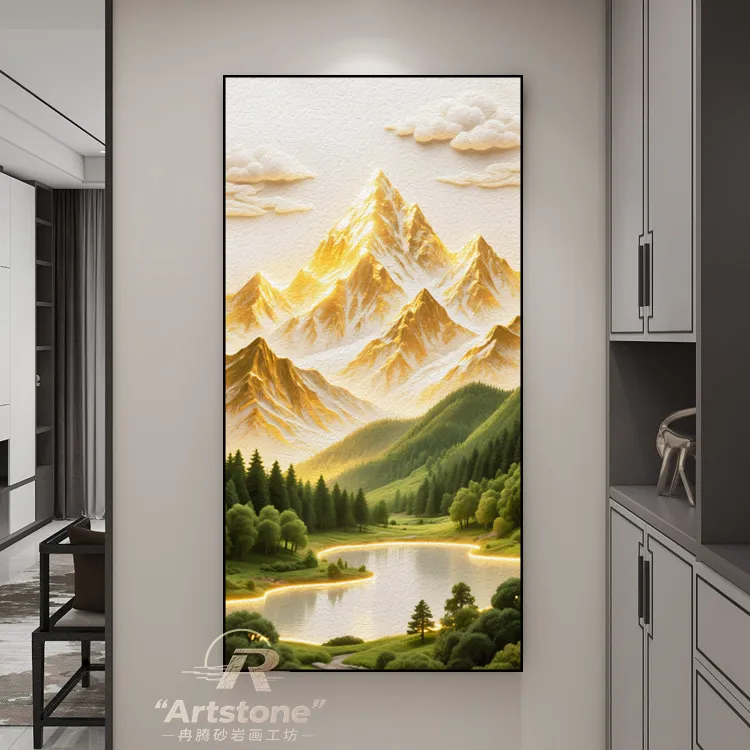 日照金山客厅背景砂岩装饰挂画立体质感山水画高档走廊玄关装饰画