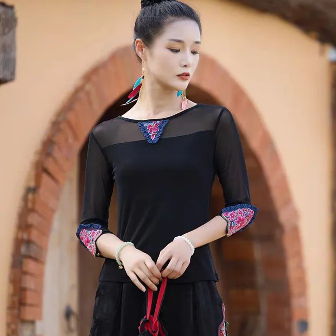夏季民族风女装修身显瘦刺绣T恤高弹网纱打底衫薄款舞蹈国风上衣