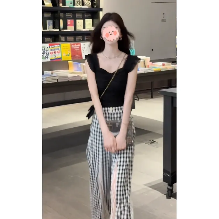 2025夏季新款法式绝美气质修身辣妹上衣蕾丝格纹阔腿裤两件套女装