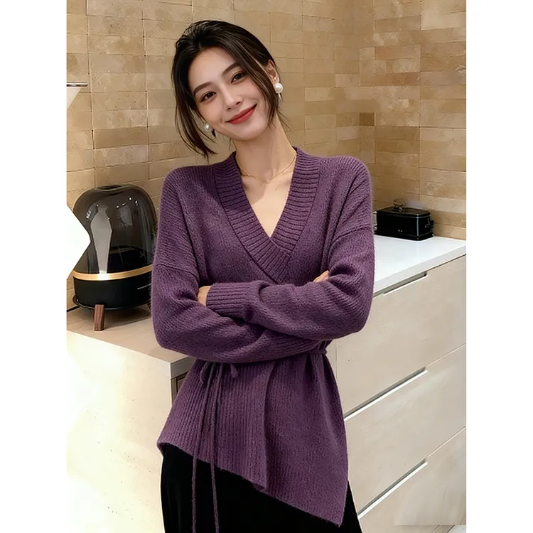 高级感法式紫色不规则收腰长袖针织上衣女显瘦小众百搭上衣毛衣