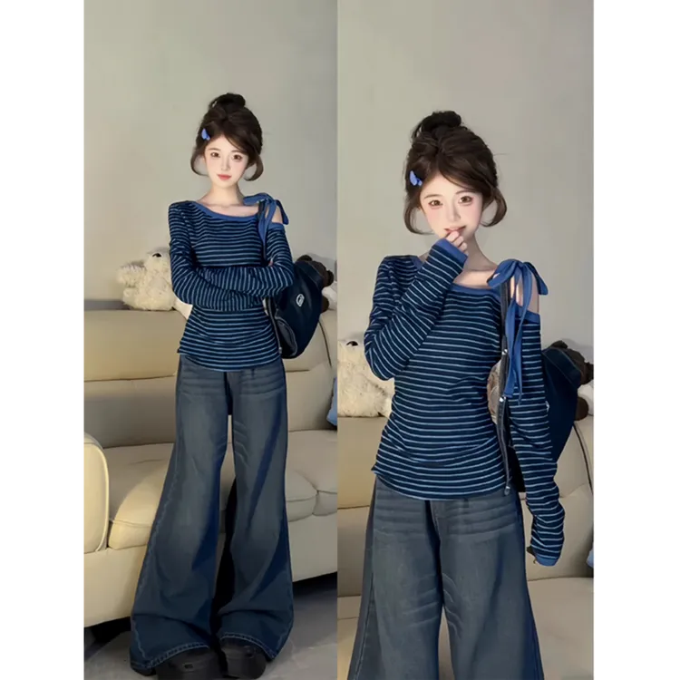 韩系蓝色撞色条纹斜肩系带打底衫女早春修身辣妹显瘦露肩上衣潮