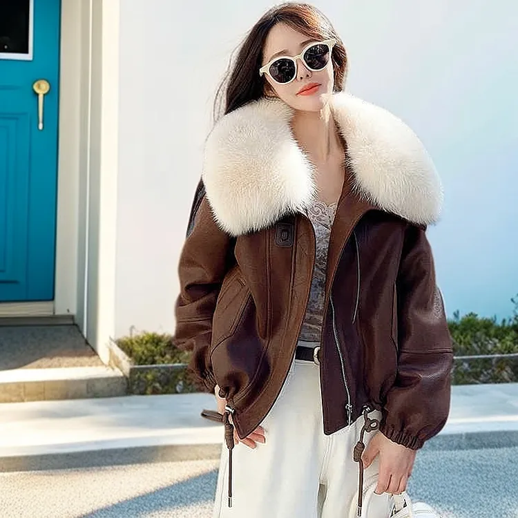 仿皮草冬季加绒加厚款大毛领时尚拼接宽松上衣保暖韩版短款女百搭