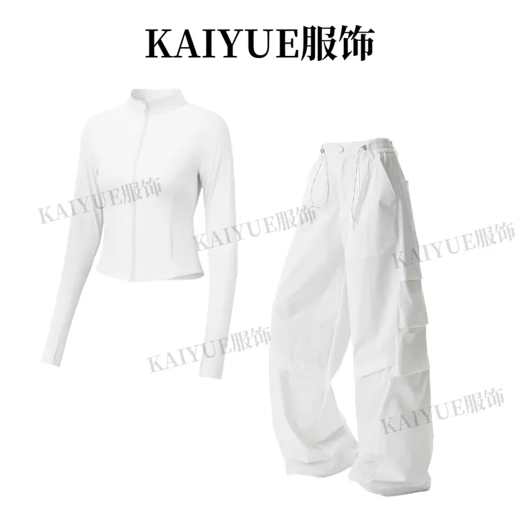 【纯净天空】夏季时尚高级感修身白色长袖上衣拉链高腰工装裤两件套