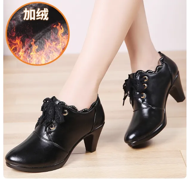 春秋新款真皮妈妈鞋复古民族风女鞋圆头软底中粗跟深口中年女单鞋