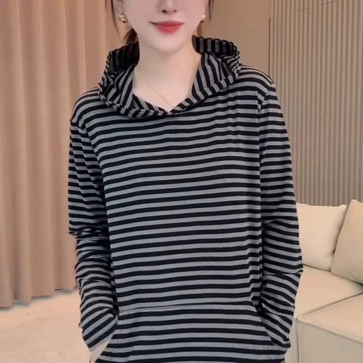 新款条纹中长款T恤连帽百搭洋气休闲春秋薄款打底衫显瘦长袖顺