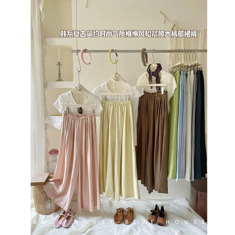 法式复古文艺天丝棉麻百褶阔腿裙裤女夏度假风泡菜休闲大脚甩甩裤
