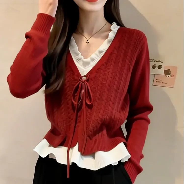 跨年毛衣红色拼接撞色假两件针织衫设计感温柔减龄少女休闲上衣