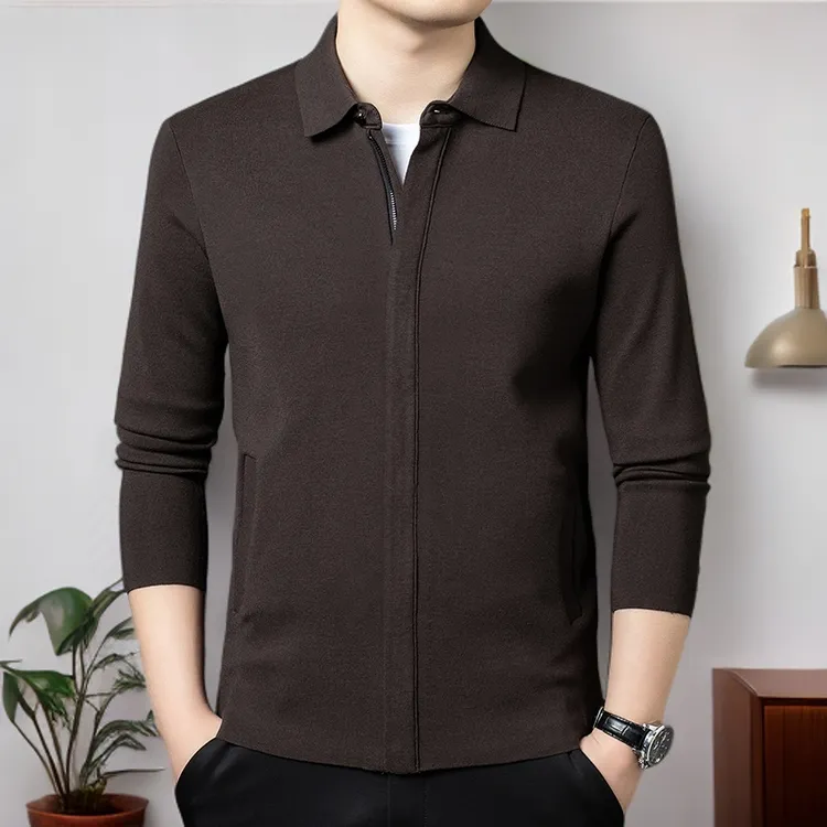 2026年春季新品男士商务休闲纯色翻领针织开衫 宽松百搭长袖外套