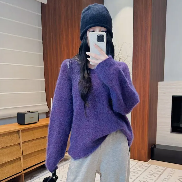 菠萝宝宝yuna【臻绒瑰宝】紫色羊驼绵羊毛混纺柔软亲肤V领毛衣YK8