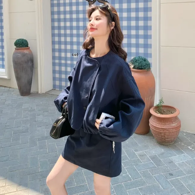 藏青色休闲气质无领工装外套套装女2025春秋款时尚包臀短裙两件套