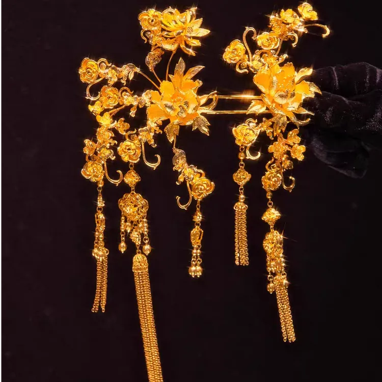 铁合金婚庆饰品 新娘头饰金色立体牡丹发簪发梳带流苏婚礼喜庆女