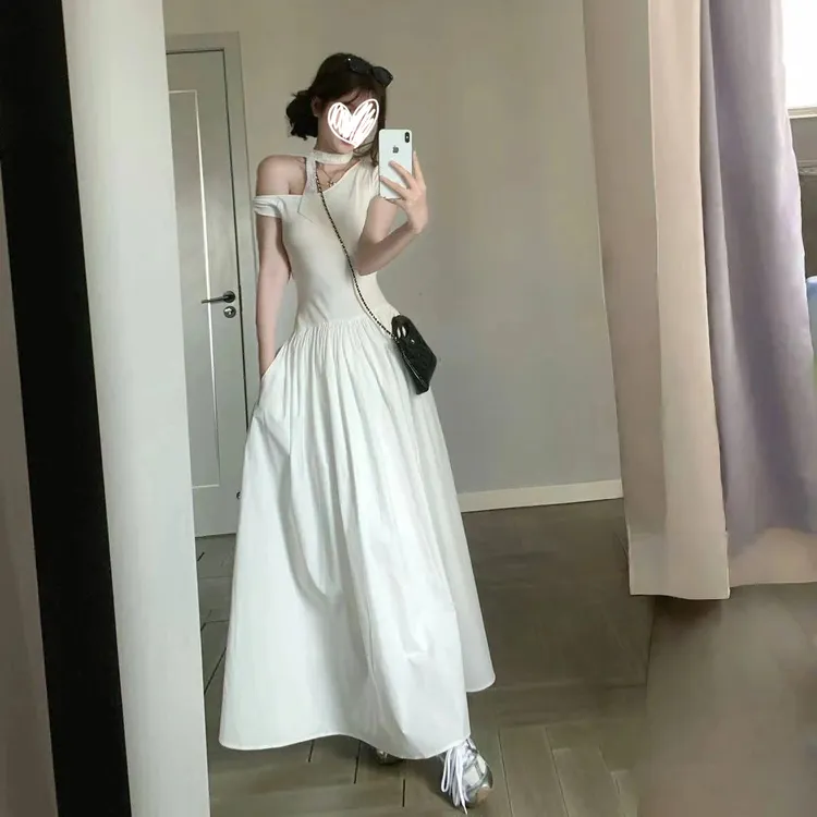 蕾丝拼接斜肩领连衣裙简约日常收腰长裙女夏季新款~送丝带 1325