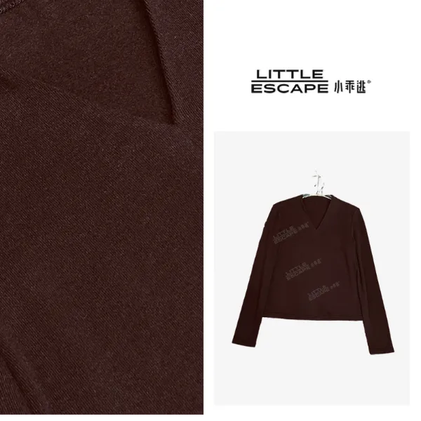 小乖逃双色！棕色灰色T恤咖色长袖打底V领时尚正肩长袖250932